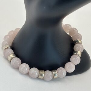 Pink Sterling Silver Beaded Bracelet Rose Quartz Toggle 7.5"